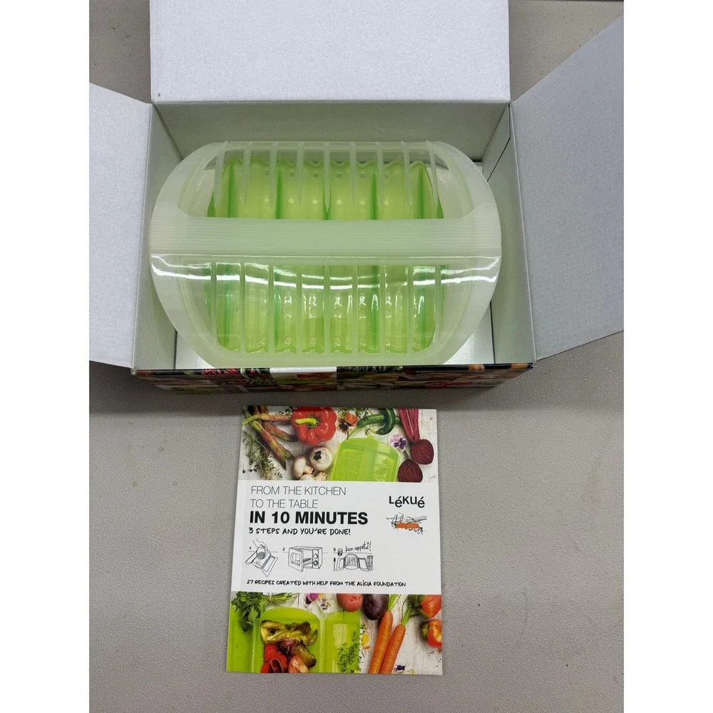 Lekue Steam Case with Tray Lime Green Silicone Microwave Steamer & Cookbook